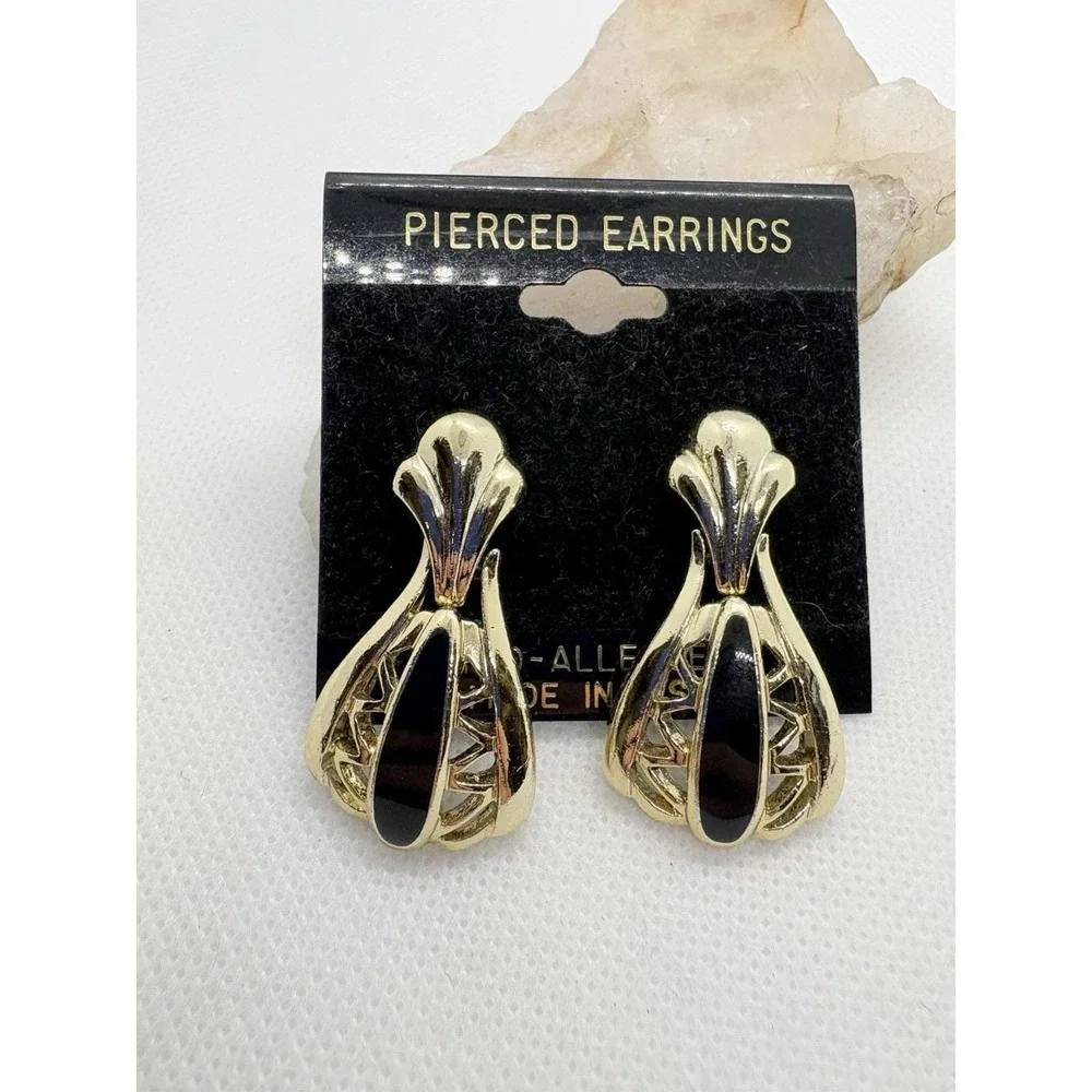 Vintage Gold Tone Pierced Earrings Hypoallergenic Black Accent Hinged USA Dangle